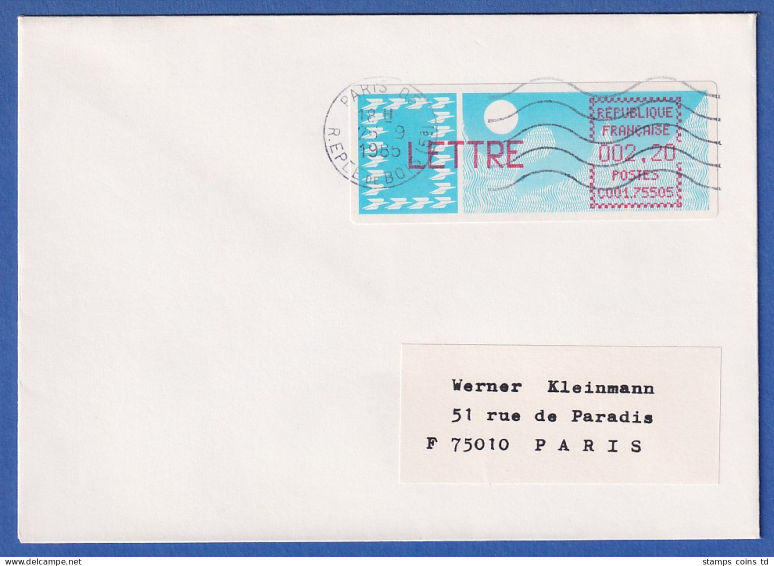 Frankreich-ATM Taube C001.75505 LETTRE 2,20 Auf FDC Mit Masch-O PARIS 05 26.9.85 - Other & Unclassified