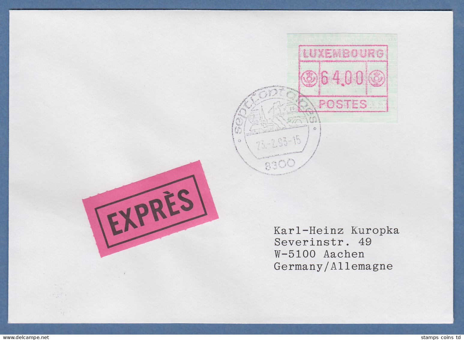 Luxemburg ATM Gr. POSTES Mi.-Nr. 3 Wert 64.00 Auf Express-Brief Nach Aachen - Postage Labels