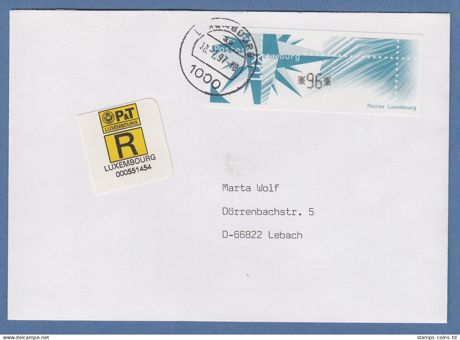 Luxemburg ATM Monétel Windrose Mi.-Nr. 4 Wert 96 Auf R-FDC Nach Lebach  - Postage Labels