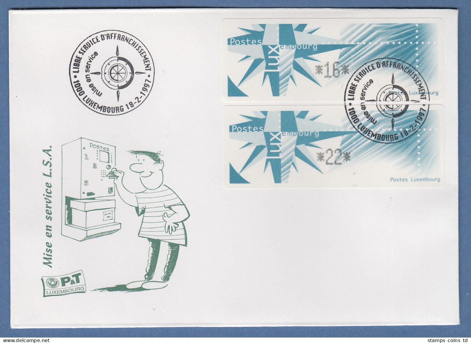 Luxemburg ATM Monétel Windrose Mi.-Nr. 4 Werte 16 / 22 Auf Offiziellem FDC - Frankeervignetten