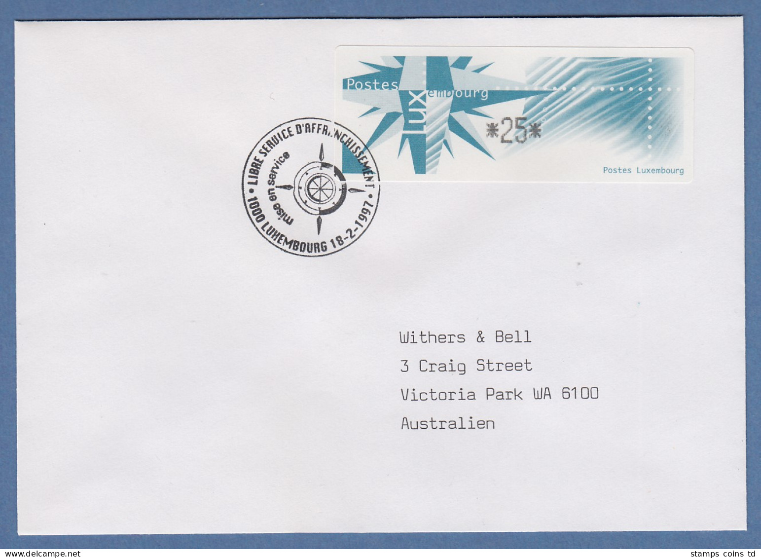 Luxemburg ATM Monétel Windrose Mi.-Nr. 4 Wert 25 Auf FDC Nach Australien - Postage Labels