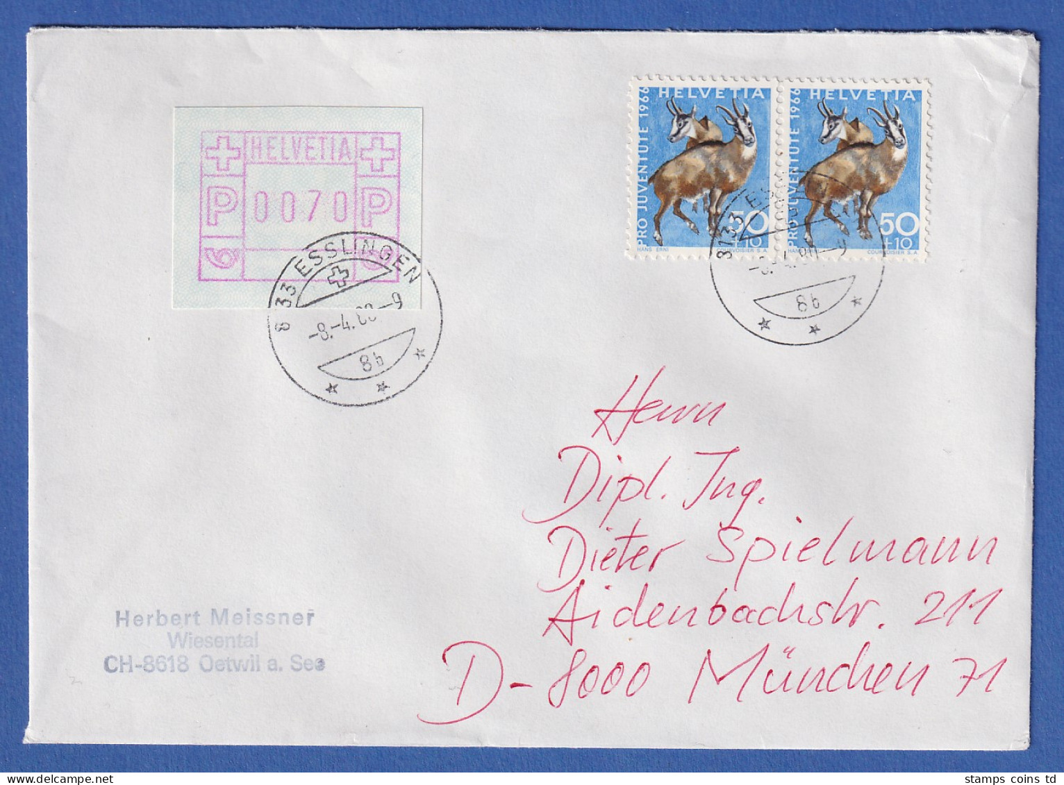Schweiz 1978 FRAMA-ATM Mi-Nr. 2 Wert 0070 In MIF Auf Brief Nach D, O ESSLINGEN - Sellos De Distribuidores