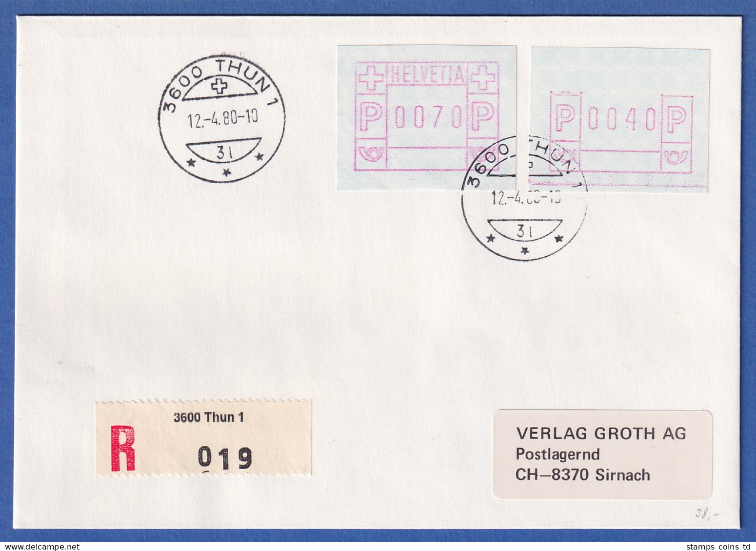 Schweiz 1978 FRAMA-ATM Mi-Nr. 2 Und Teildruck Mi.-Nr. 3.1a Auf R-Brief Aus THUN - Automatenzegels