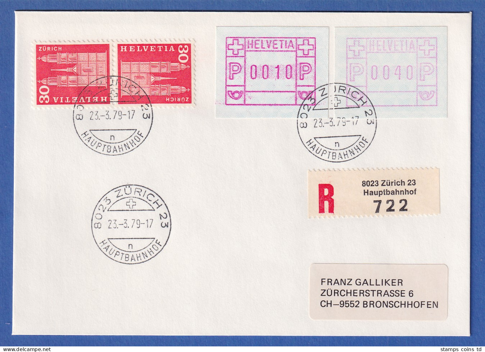 Schweiz 1979 FRAMA-ATM Mi-Nr 3.1a Auf R-Brief. Frühdatum 23.3.79, ZÜRICH 23 - Timbres D'automates