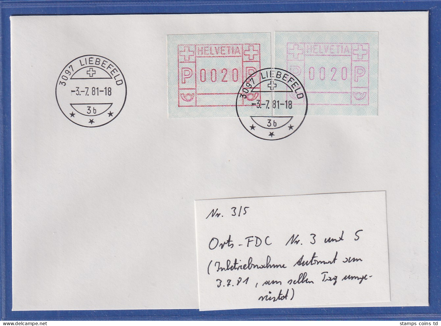 Schweiz FRAMA-ATM Mi-Nr 3.1b Wert 0020 Auf Umschlag Frühdatum LIEBEFELD 3.7.81  - Automatic Stamps