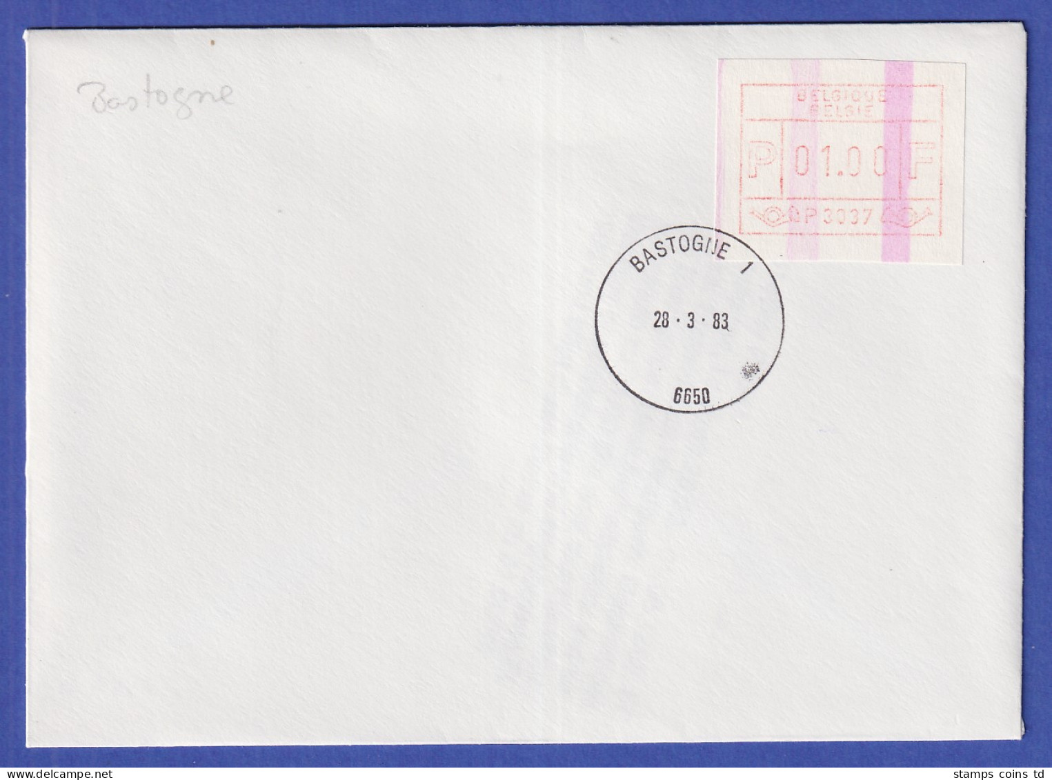 Belgien FRAMA-ATM P3037 Mit ENDSTREIFEN Auf FDC BASTOGNE 1  28.3.83 - Other & Unclassified