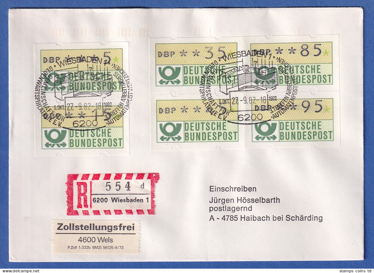 ATM Mi.-Nr. 1.1 Insgesamt 6 Werte Auf R-Brief Nach A Mit So.-O WIESBADEN 27.9.82 - Timbres De Distributeurs [ATM]