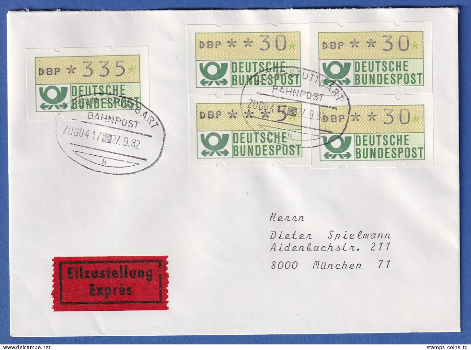 ATM Mi.-Nr. 1.1 Insgesamt 5 Werte Auf Eilbrief Mit Bahnpost-Stempel 27.9.82 - Timbres De Distributeurs [ATM]