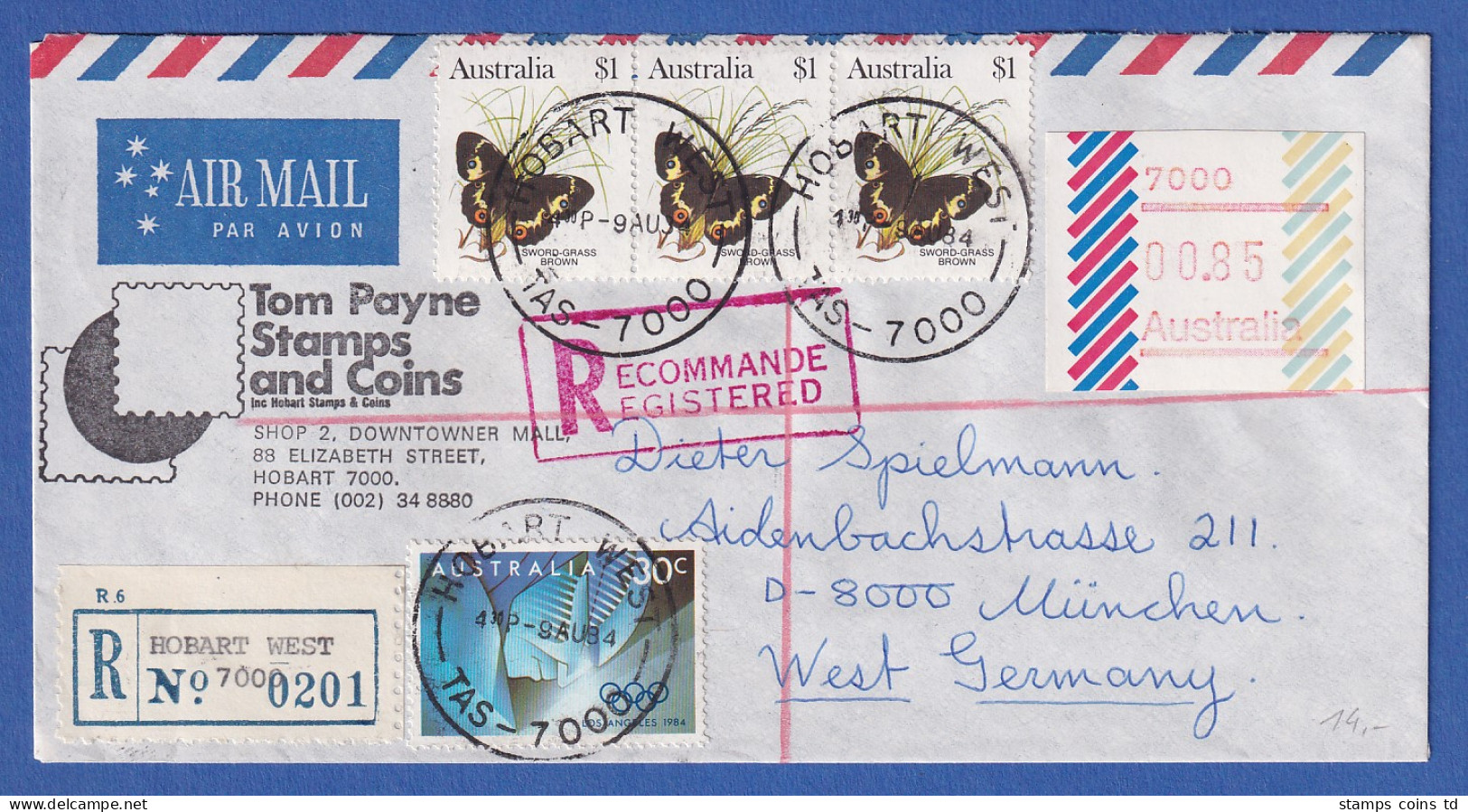 Australien Frama-ATM 1. Ausgabe 1984 Code 7000 Hobart Wert 00,85 +ZF Auf R-Brief - Automaatzegels [ATM]