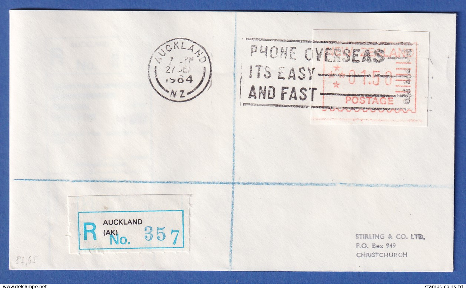 Neuseeland Frama-ATM 1. Ausg. 1984 Mi.-Nr. 1 Wert 01,50 Auf R-Brief  - Colecciones & Series