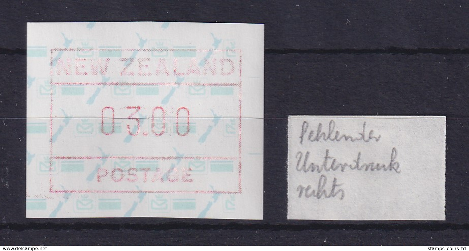 Neuseeland Frama-ATM 2. Ausg. 1986 FEHLENDER UNTERDRUCK RECHTS Wert 3,00 ** - Lots & Serien