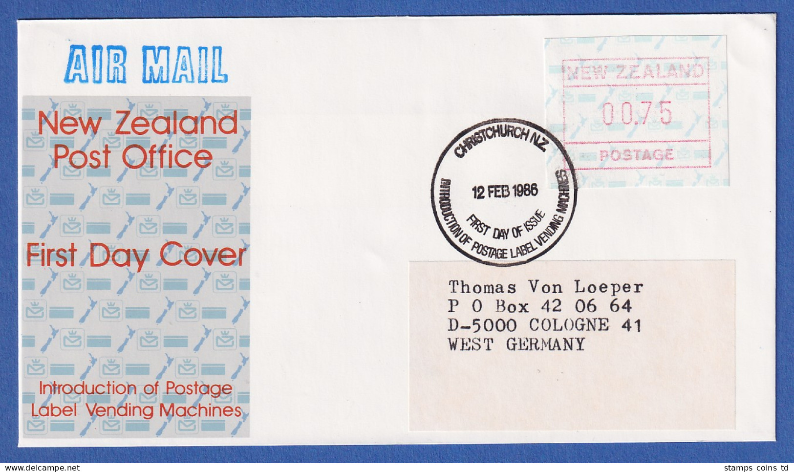 Neuseeland Frama-ATM 2. Ausg. 1986 Wert 00,75 Auf Adress. Lp-FDC  - Collections, Lots & Series