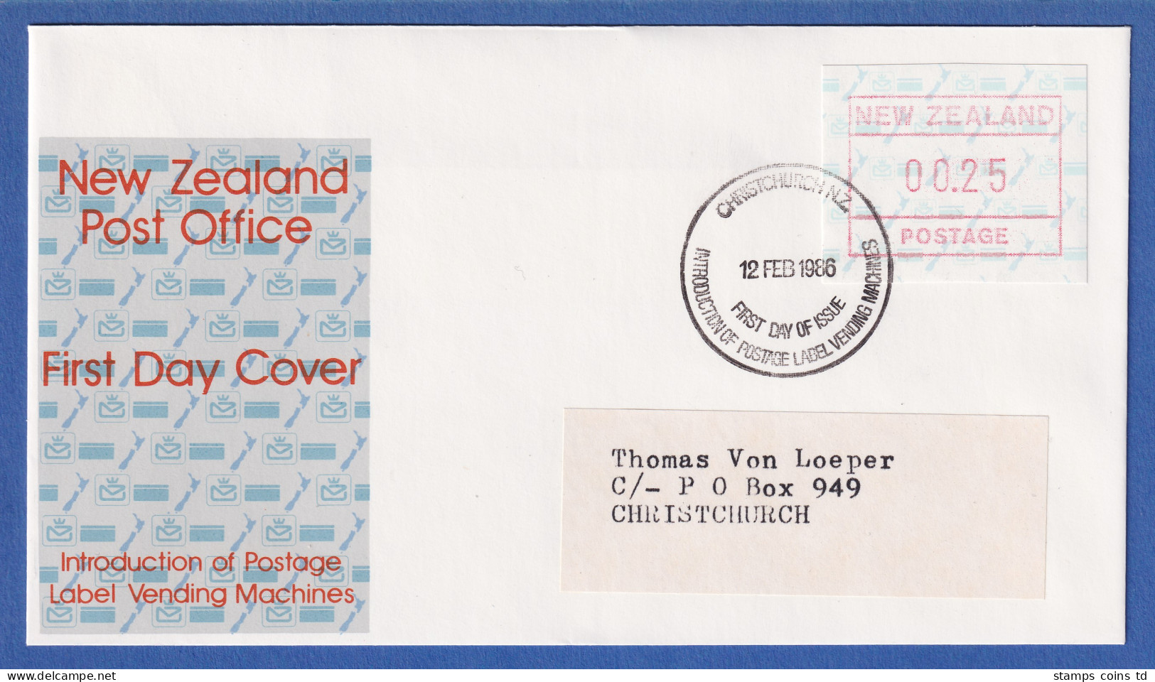Neuseeland Frama-ATM 2. Ausg. 1986 Wert 00,25 Auf Adress. FDC  - Collections, Lots & Séries