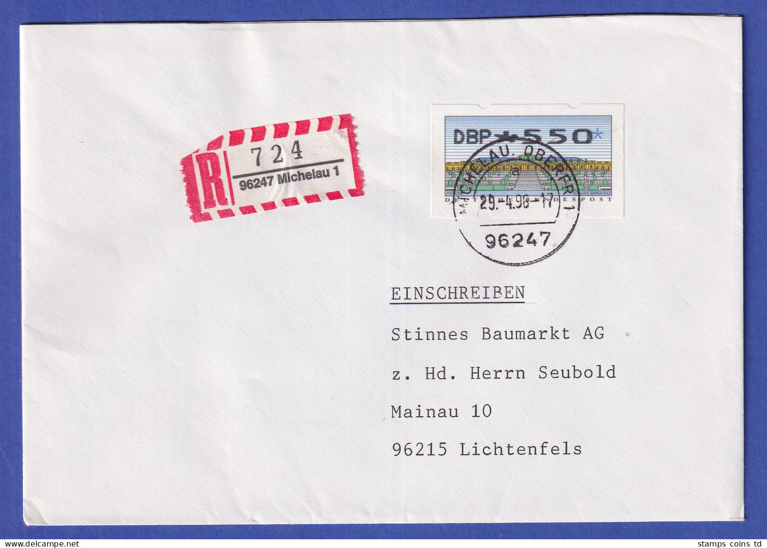 ATM Sanssouci Mi.-Nr. 2.2.1 Wert 550 Auf R-Brief Aus Michelau, 29.4.96 - Machine Labels [ATM]