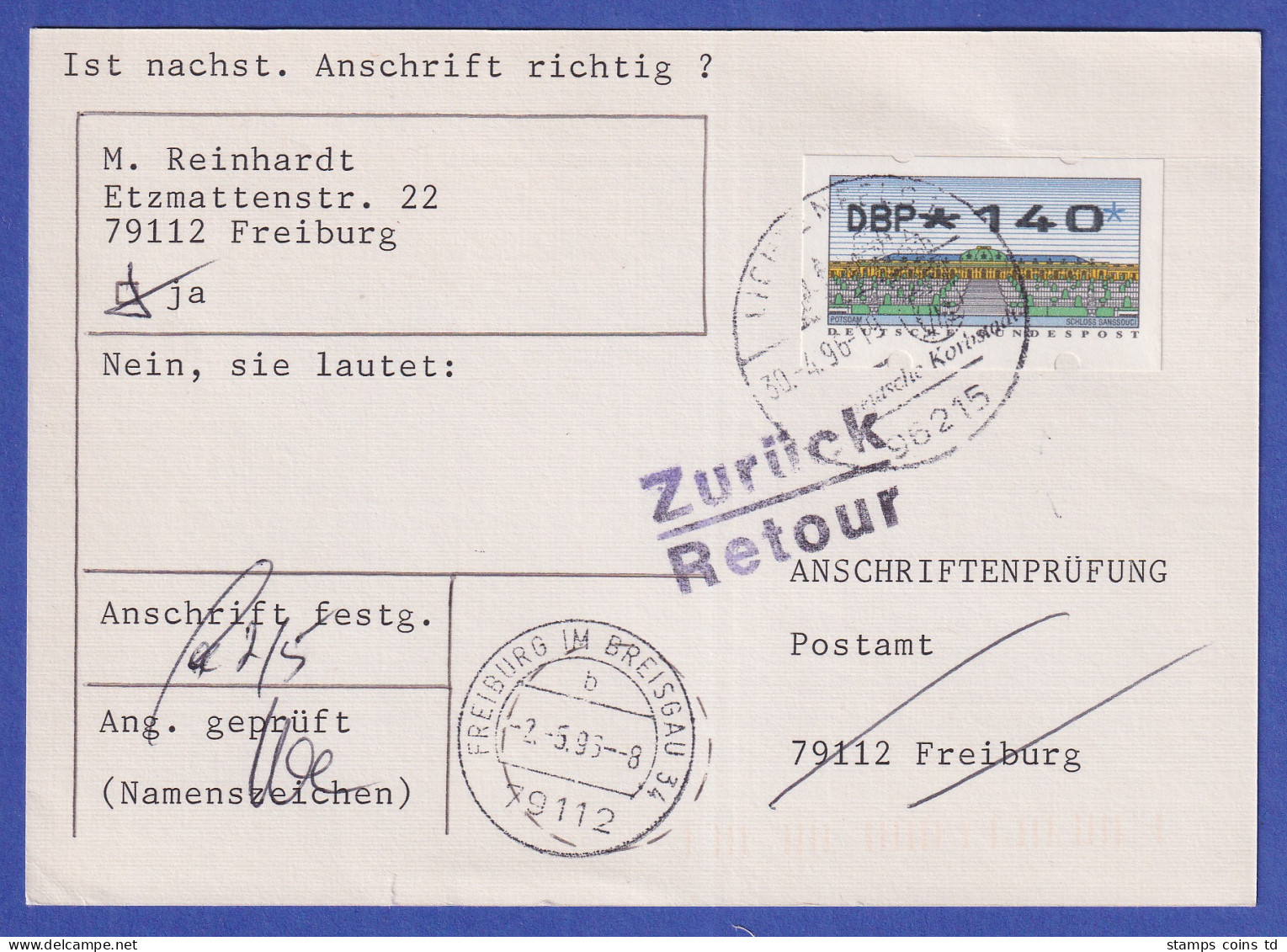 ATM Sanssouci Mi.-Nr. 2.2.1 Wert 140 Auf Anschriftenprüfung, O LICHTENFELS 1996 - Automaatzegels [ATM]