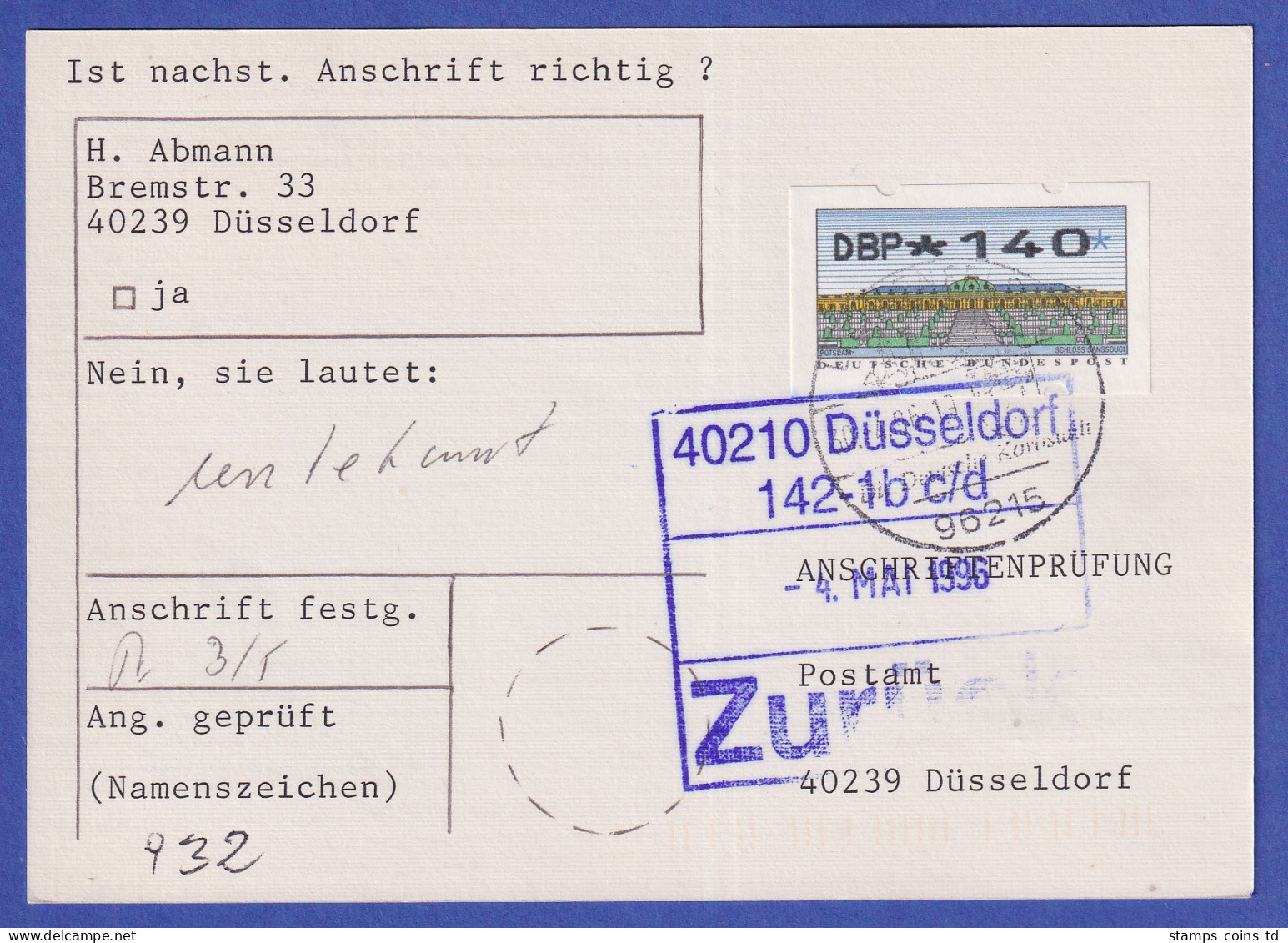ATM Sanssouci Mi.-Nr. 2.2.1 Wert 140 Auf Anschriftenprüfung O LICHTENFELS 1996 - Automaatzegels [ATM]