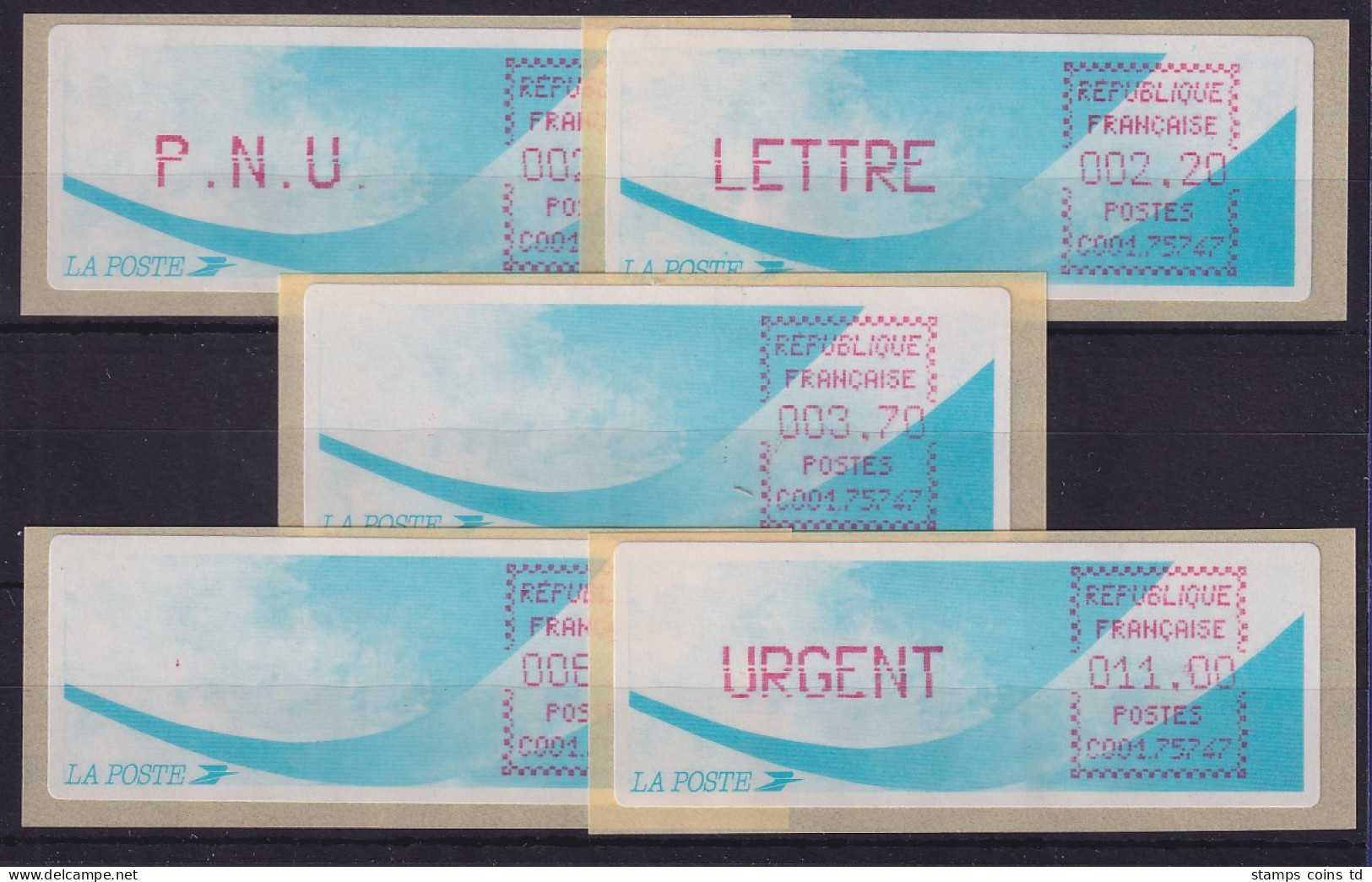 Frankreich ATM C001.75747 Papier Komet Satz 5 Werte Tarif 9a Mit URGENT 11,00 Fr - Otros & Sin Clasificación