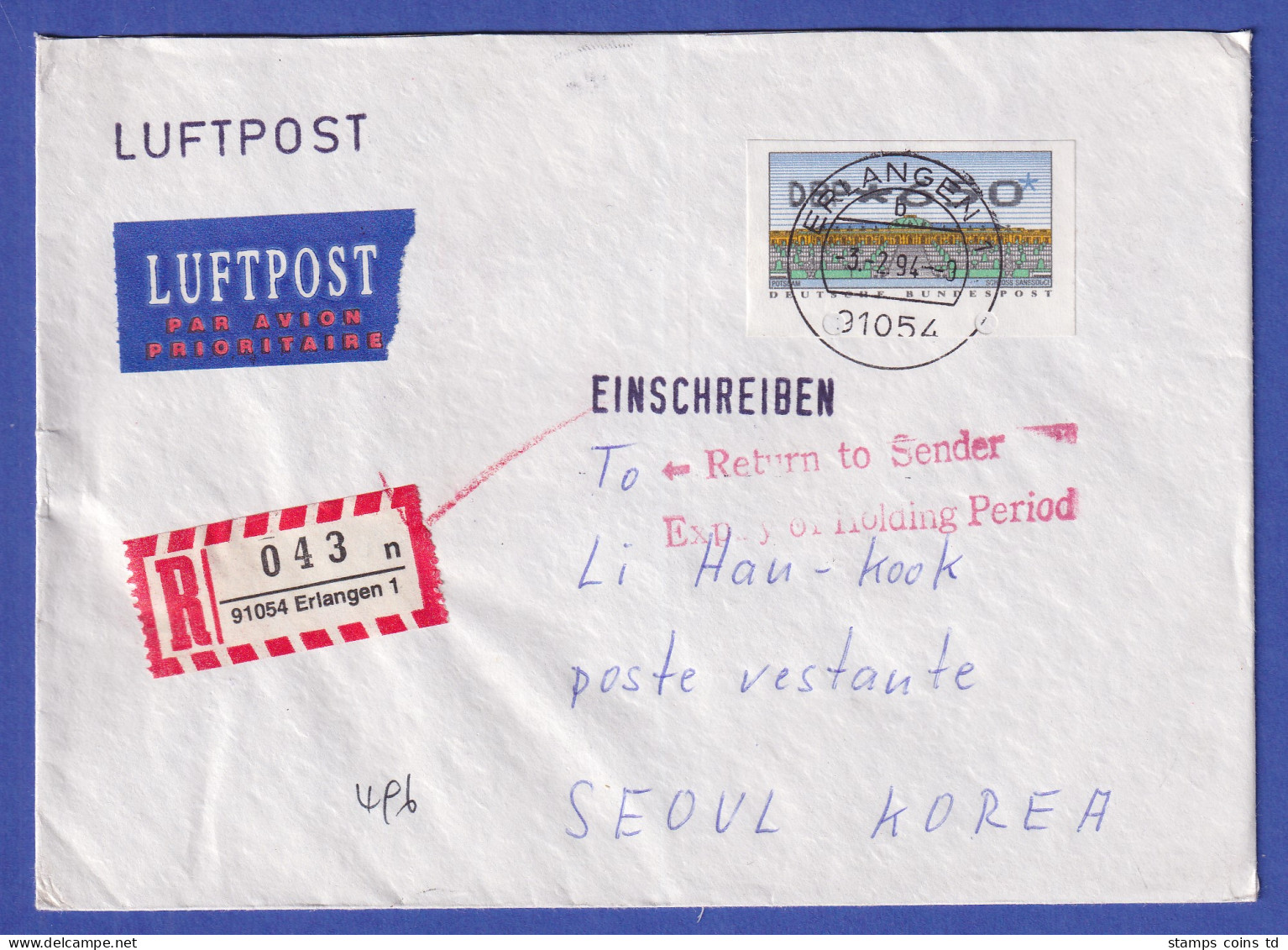 ATM Sanssouci Mi.-Nr. 2.2.1 Wert 650 Auf R-Brief Ab Erlangen Nach Korea, 1994 - Timbres De Distributeurs [ATM]