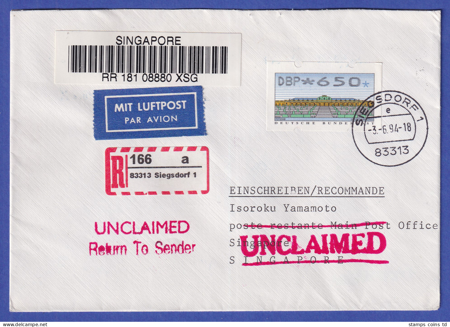 ATM Sanssouci Mi.-Nr. 2.2.1 Wert 650 Auf R-Brief Aus Siegsdorf N. Singapur, Ret. - Vignette [ATM]
