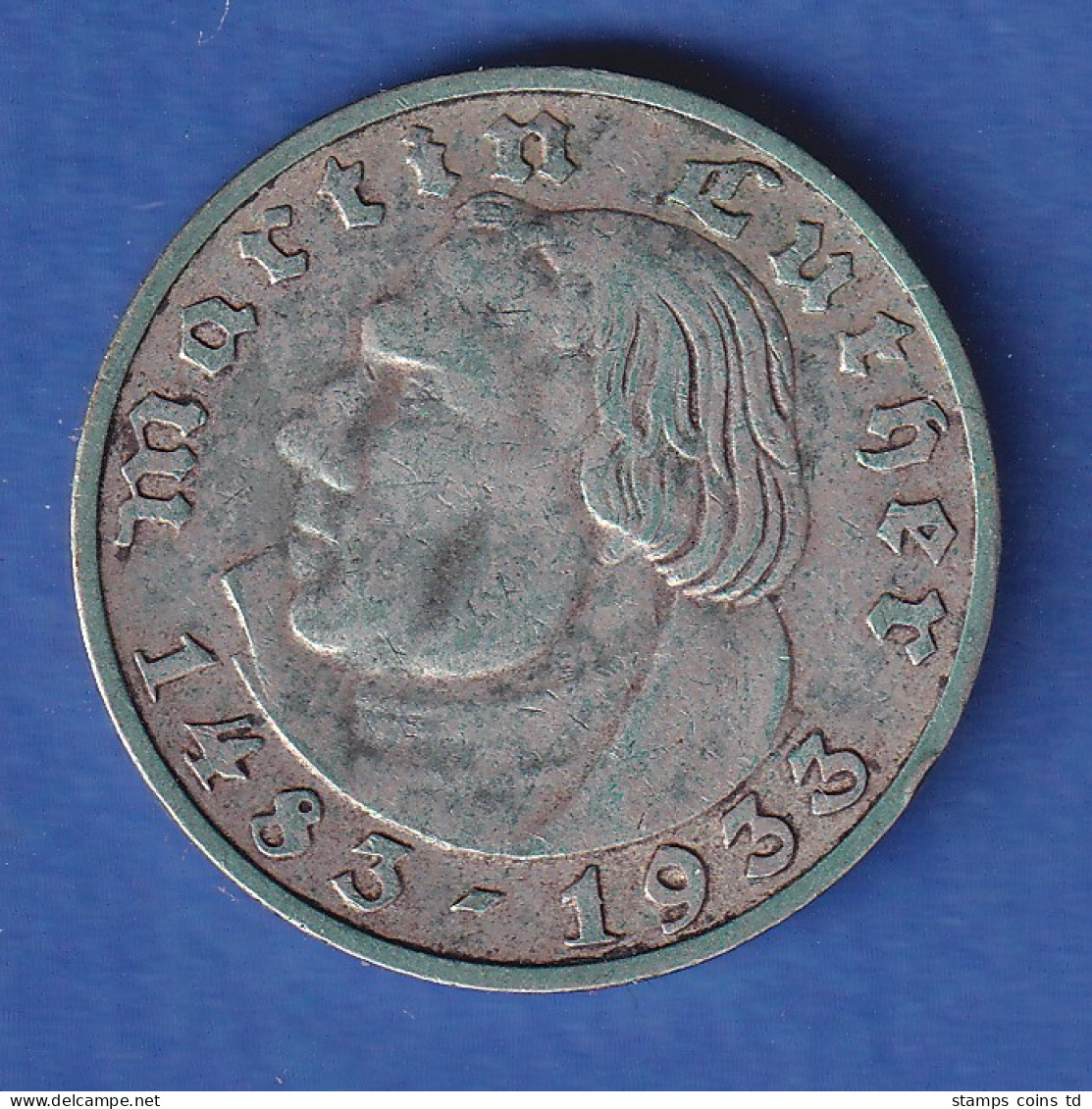 Deutsches Reich Silbermünze Martin Luther 2 Reichsmark 1933 J - 5 Reichsmark