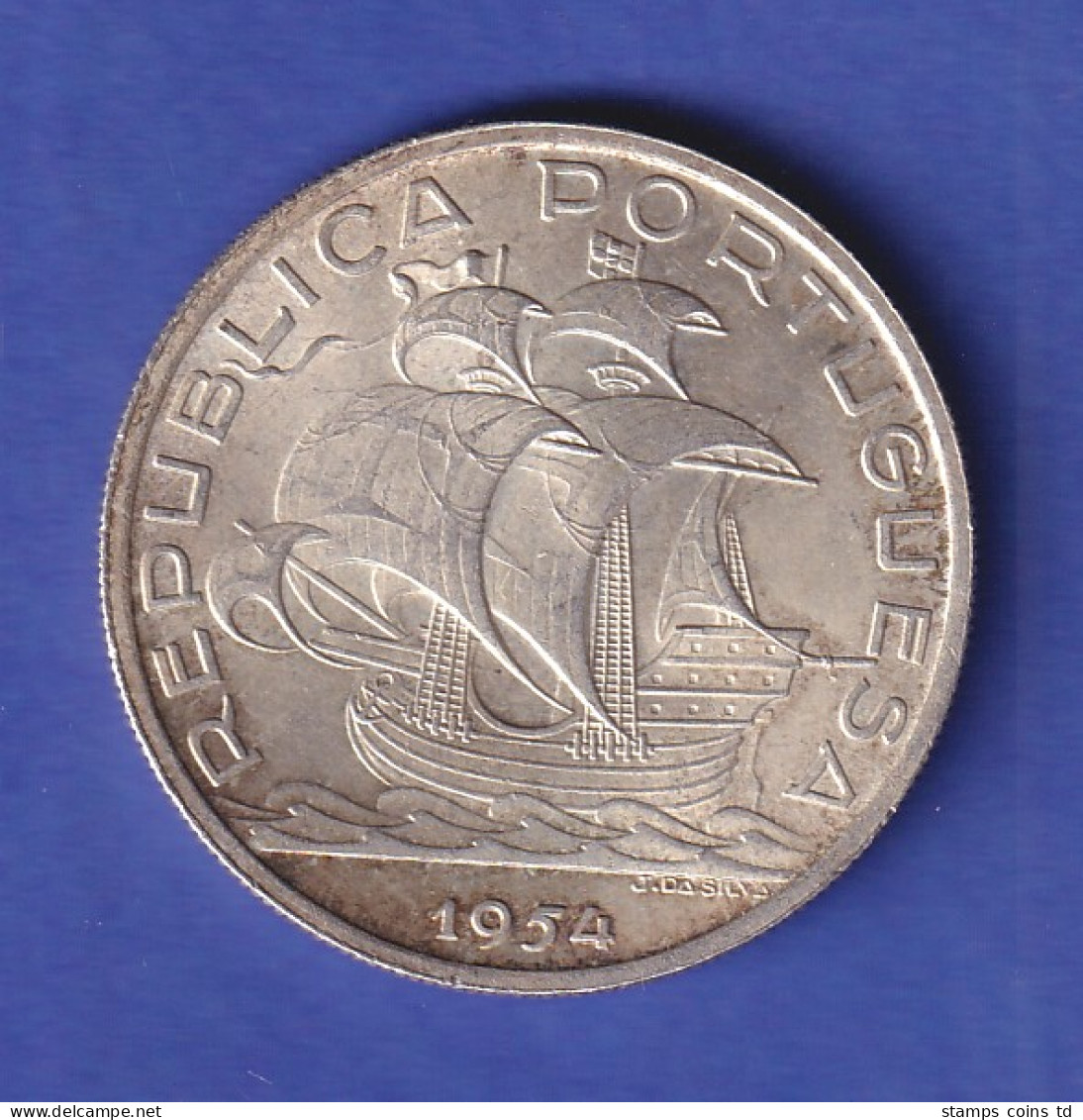 Portugal Silbermünze 10 Escudos Segelschiff 1954 - Portugal