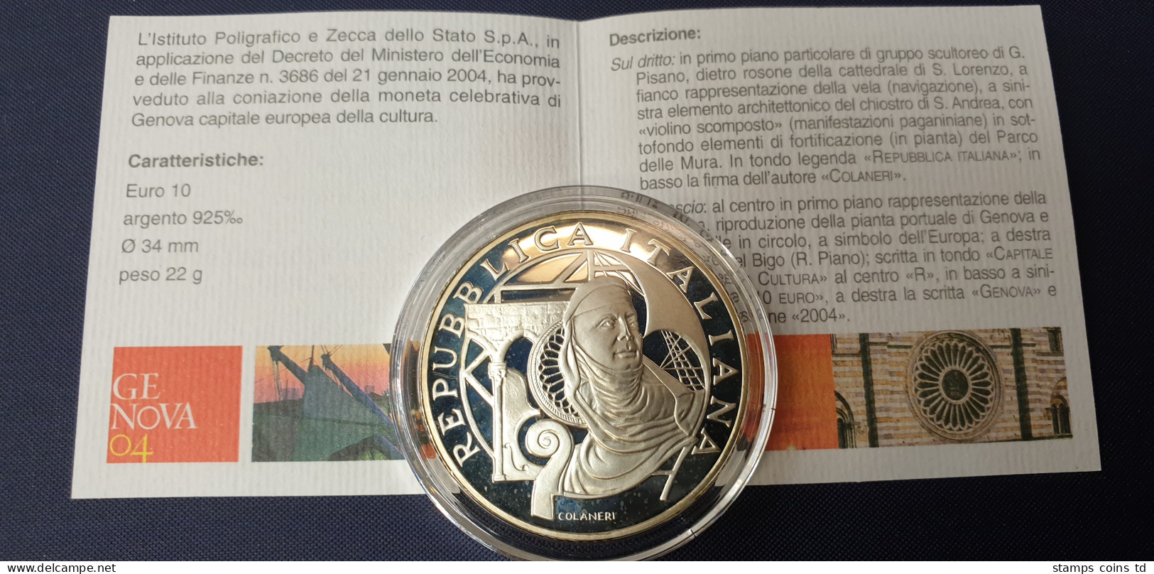 Italien 2004 Silbermünze Genua Europ. Kulturhauptstadt 10 Euro 22g Ag 925 PP - Sonstige & Ohne Zuordnung