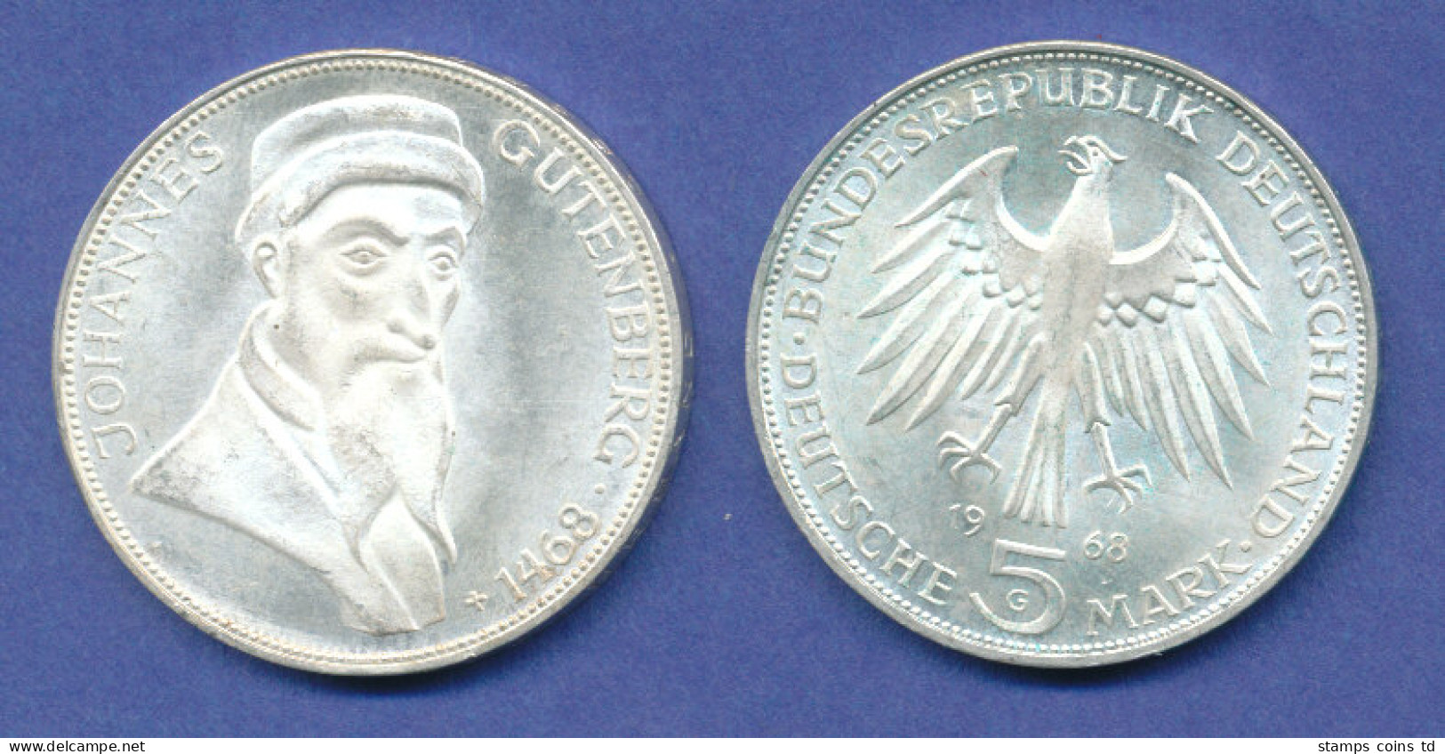 Bundesrepublik 5DM Silber-Gedenkmünze 1968, Johannes Gutenberg - 5 Marcos