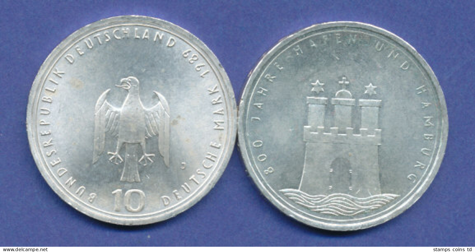 Bundesrepublik 10DM Silber-Gedenkmünze 1989, 800 Jahre Hafen Hamburg - 10 Mark