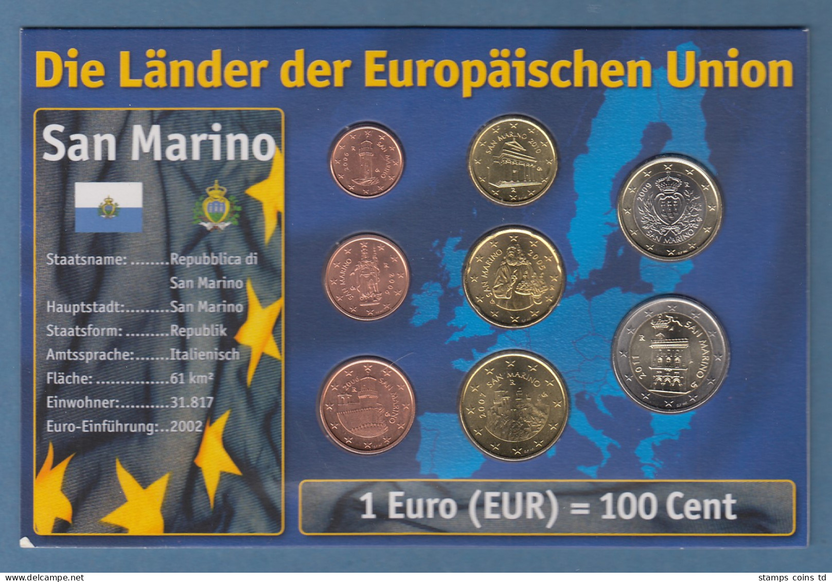 San Marino, Kpl. Euro-Kursmünzensatz 1Cent - 2€uro 8 Nominale Versch. Jahrgänge - San Marino