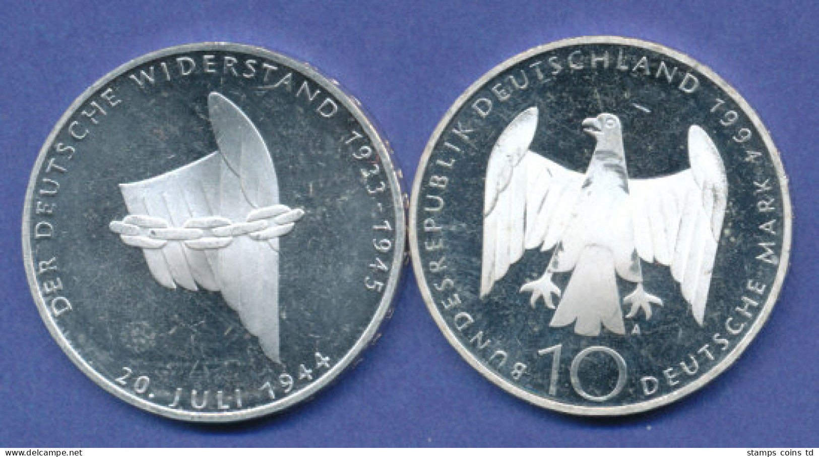 Bundesrepublik 10DM Silber-Gedenkmünze 1994, 50 Jahre Deutscher Widerstand - 10 Marcos