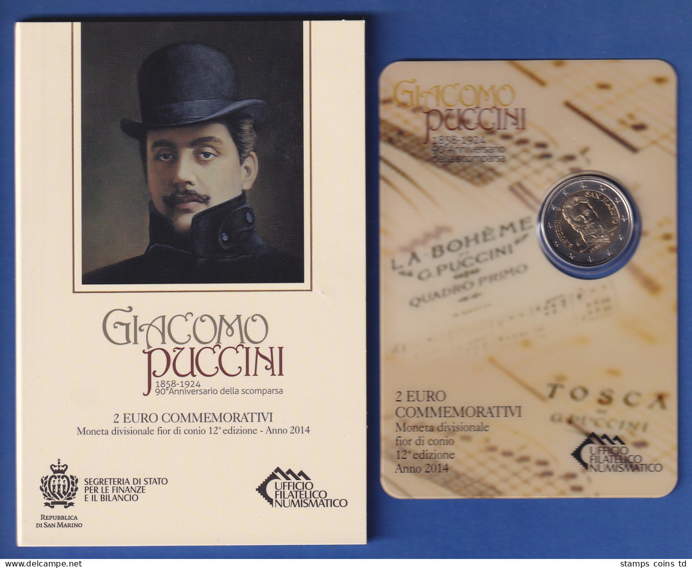 San Marino 2-Euro Gedenkmünze 2014 GIACOMO PUCCINI Stgl Im Folder  - San Marino