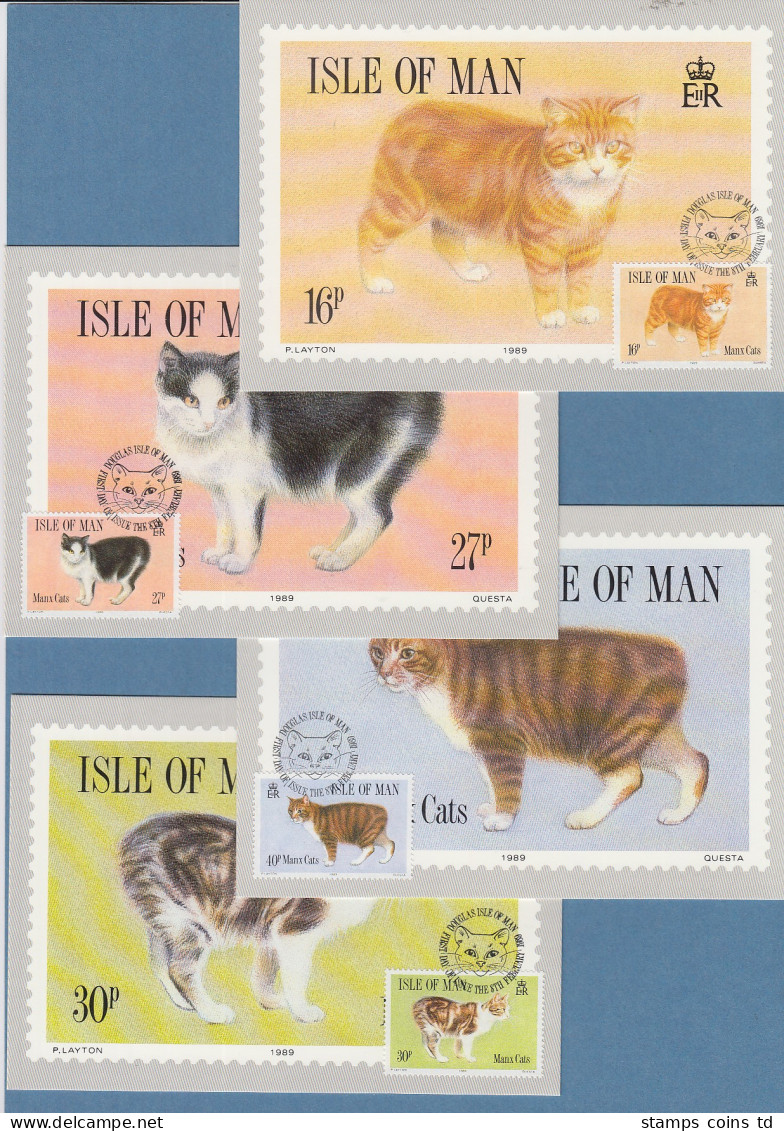 Isle Of Man 1989 Mi.-Nr. 388-91 Manxkatzen Kpl. Satz Auf 4 Maximumkarten - Man (Ile De)