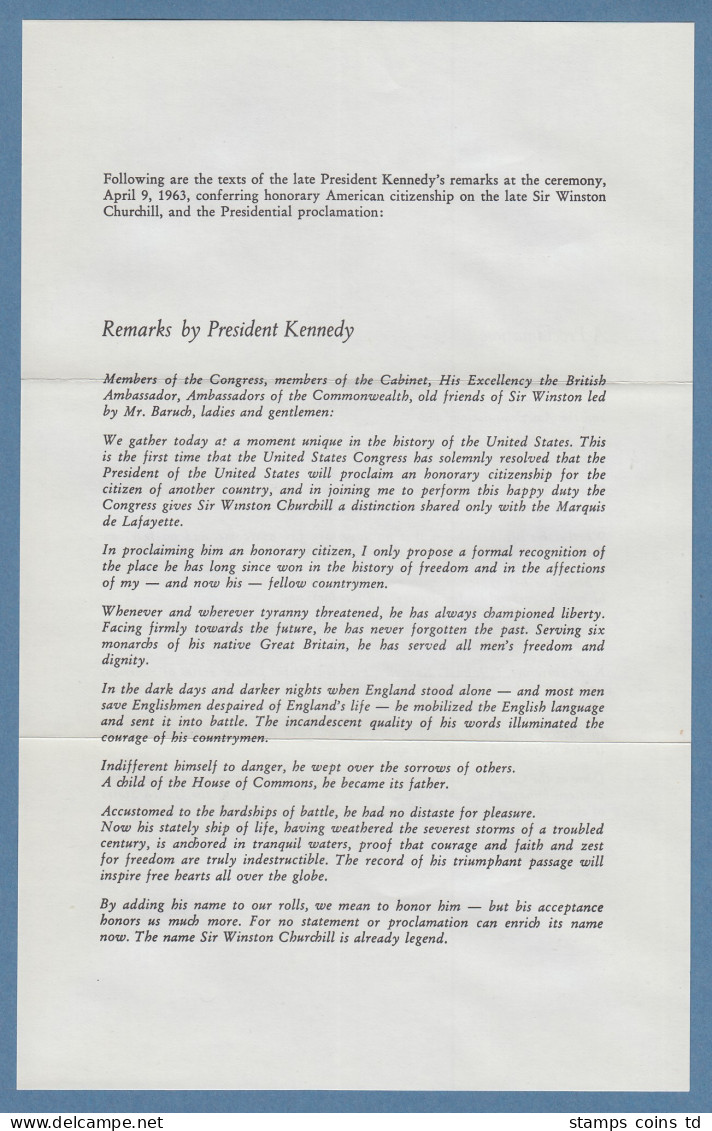 USA 1965 Winston Churchill, FDC 13. Mai 1965. Darin Beiblatt Mit Text V. Kennedy - Other & Unclassified