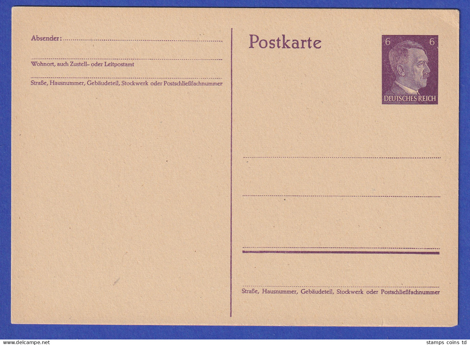 Deutsches Reich Ganzsache Postkarte 6 Pf Hitler Mi.-Nr. P 299 I Ungebraucht * - Besetzungen 1938-45