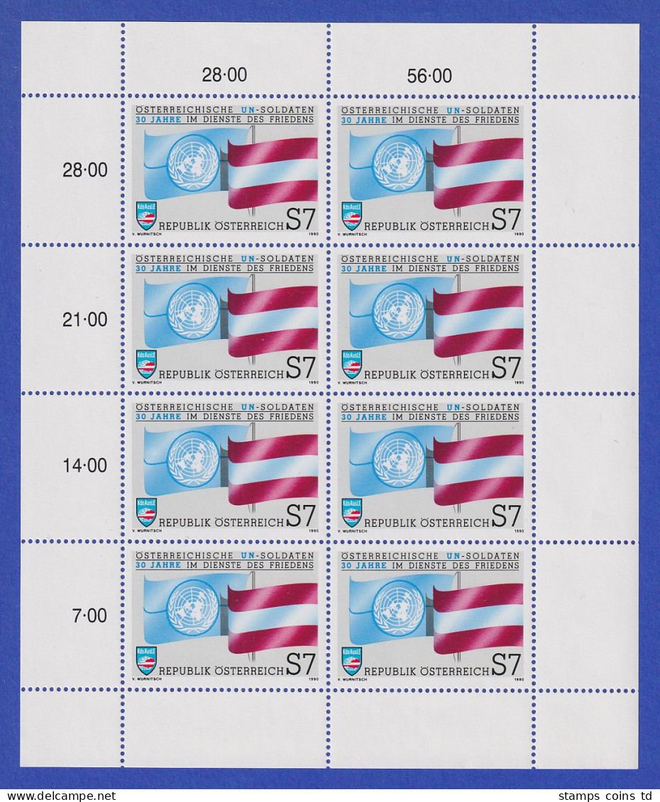Österreich 1990 UNO-Friedenstruppen Mi.-Nr. 2004 Kleinbogen ** - Unused Stamps