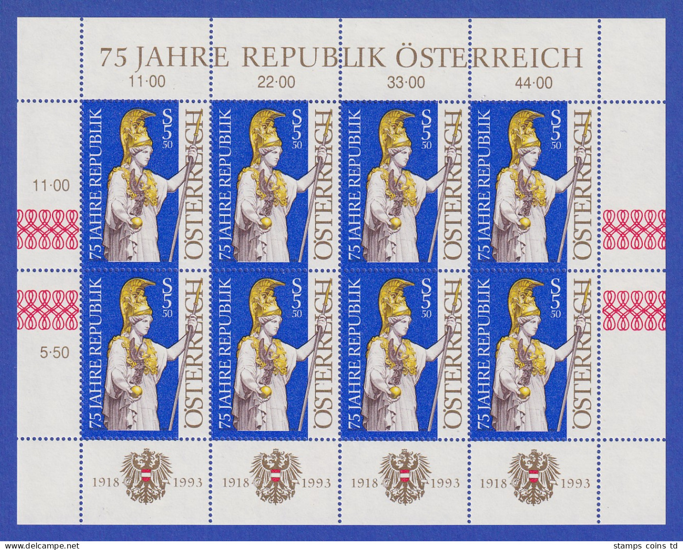 Österreich 1993 75 Jahre Republik Österreich Mi.-Nr. 2113 Kleinbogen ** - Ongebruikt