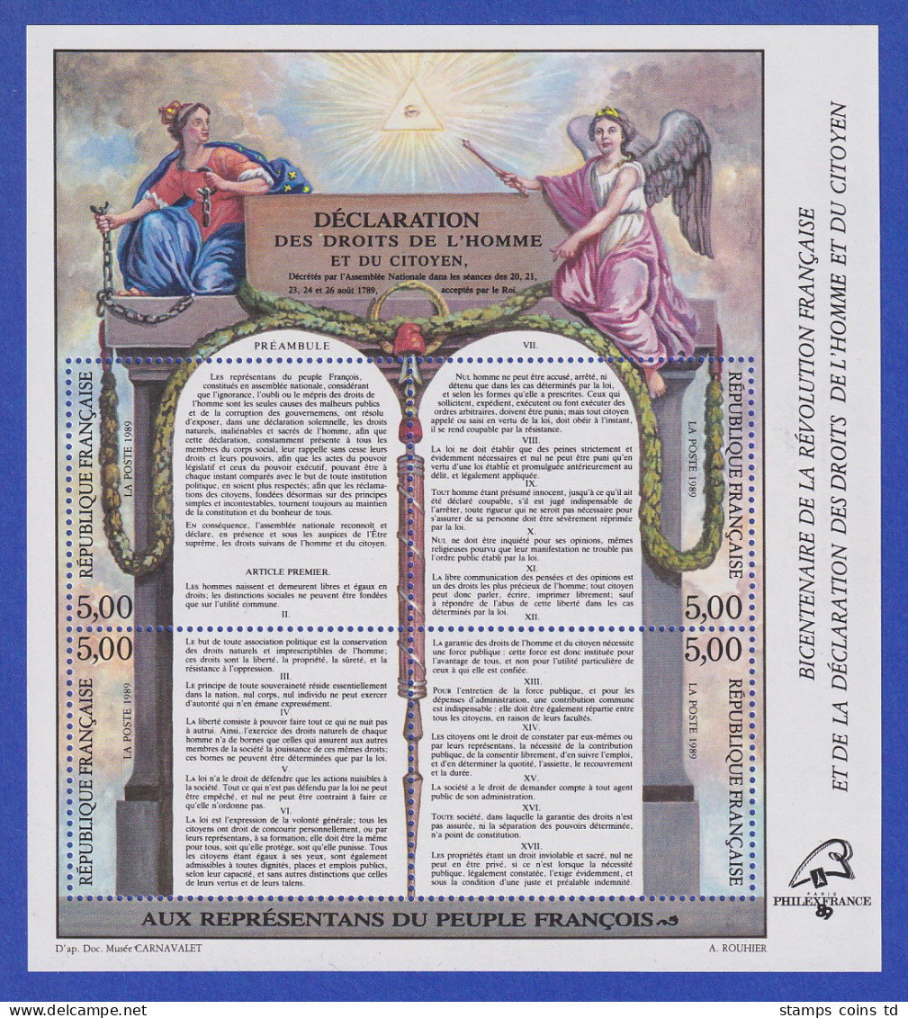 Frankreich 1989 200 Jahre Französische Revolution Menschenrechte Mi.-Nr. Bl.9 ** - Otros & Sin Clasificación