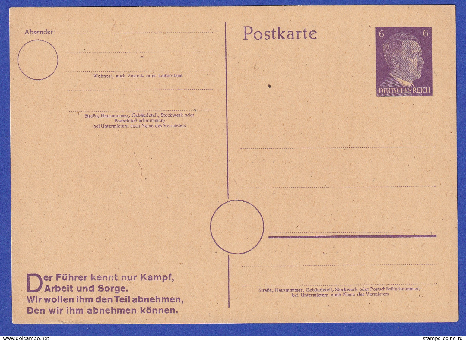 Deutsches Reich Ganzsache Postkarte 6 Pf Hitler Mi.-Nr. P 314 II B Ungebraucht * - Besetzungen 1938-45