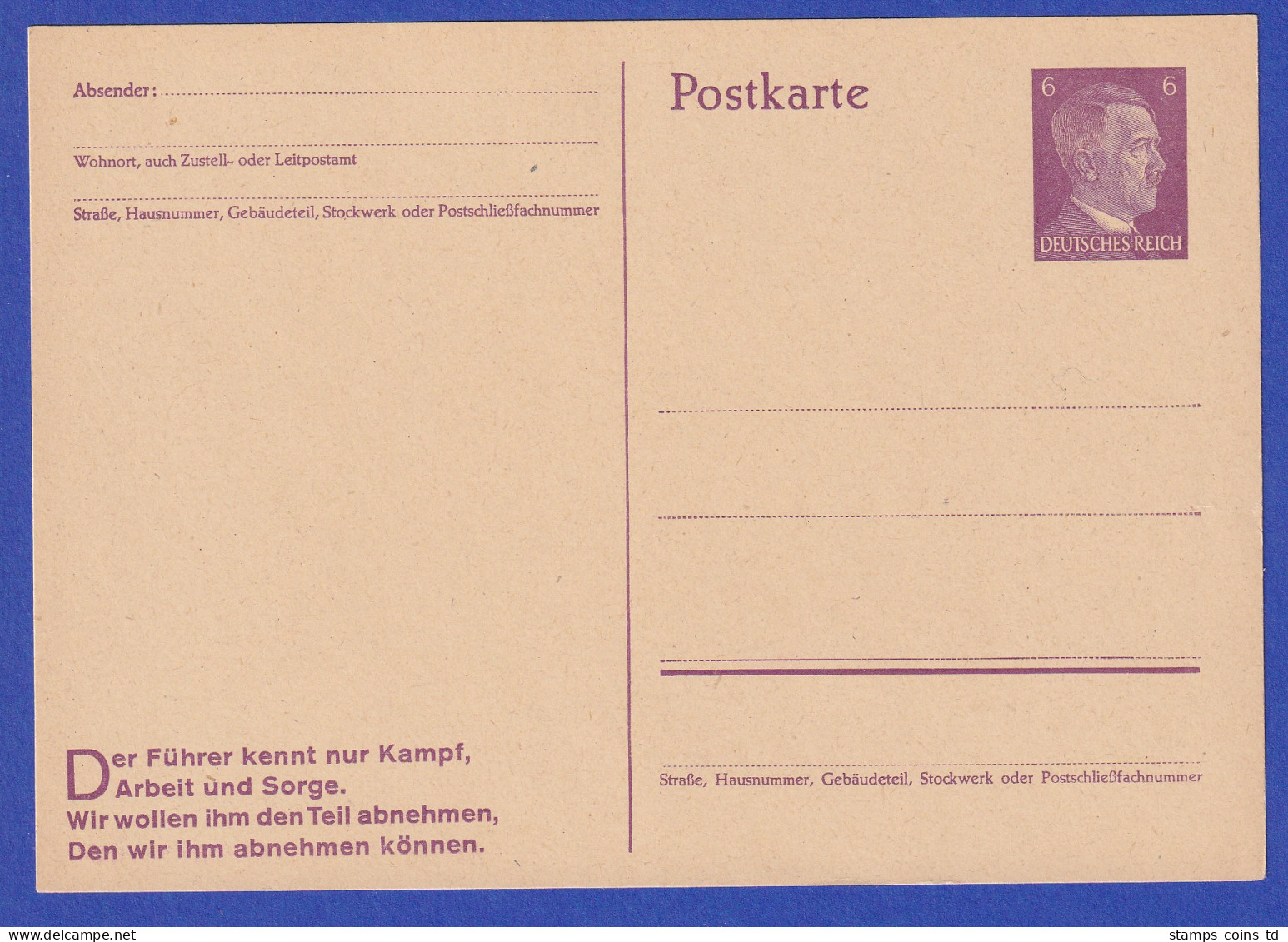 Deutsches Reich Ganzsache Postkarte 6 Pf Hitler Mi.-Nr. P 312 09 Ungebraucht * - Occupation 1938-45