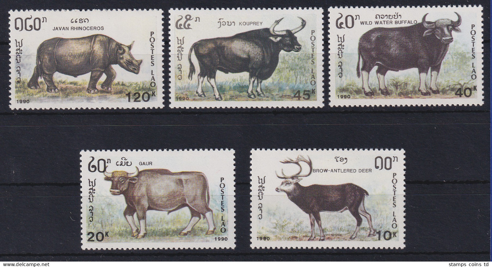 Laos 1990 Pflanzenfresser Nashorn Rinder Hirsch Mi.-Nr. 1227-1231 Postfrisch **  - Laos