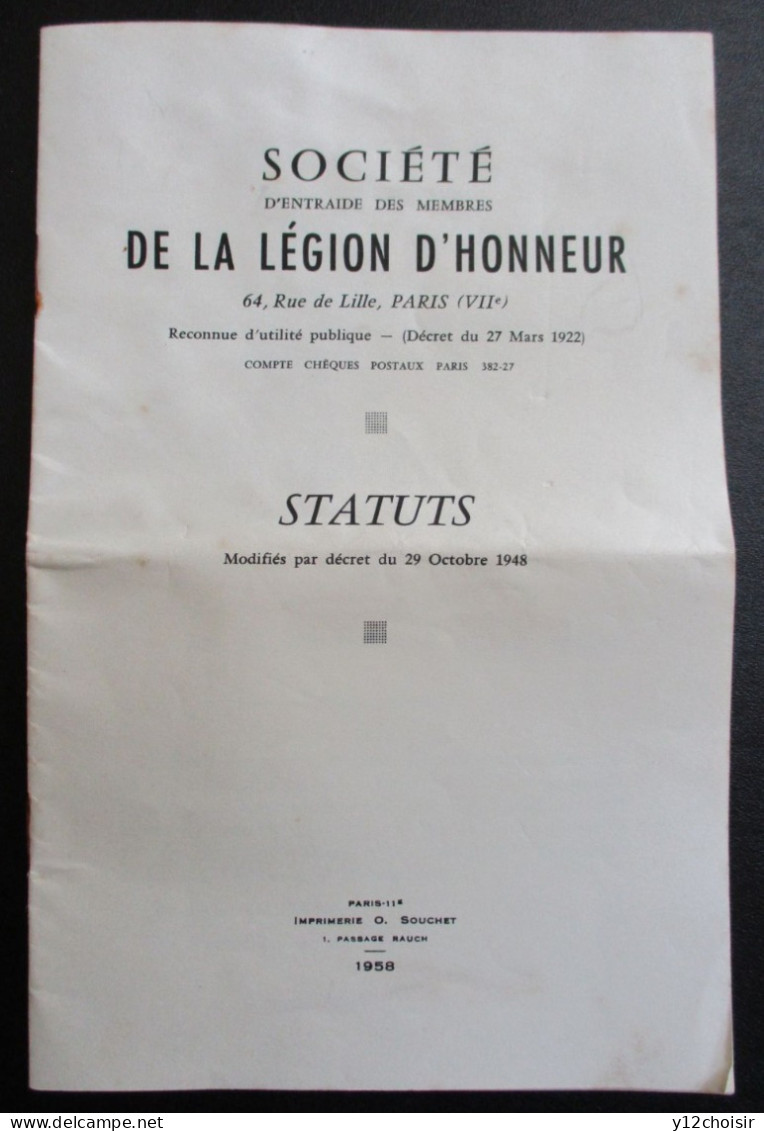 Fascicule 1958 STATUTS SOCIETE D' ENTRAIDE DES MEMBRES DE LA LEGION D' HONNEUR - Altri & Non Classificati