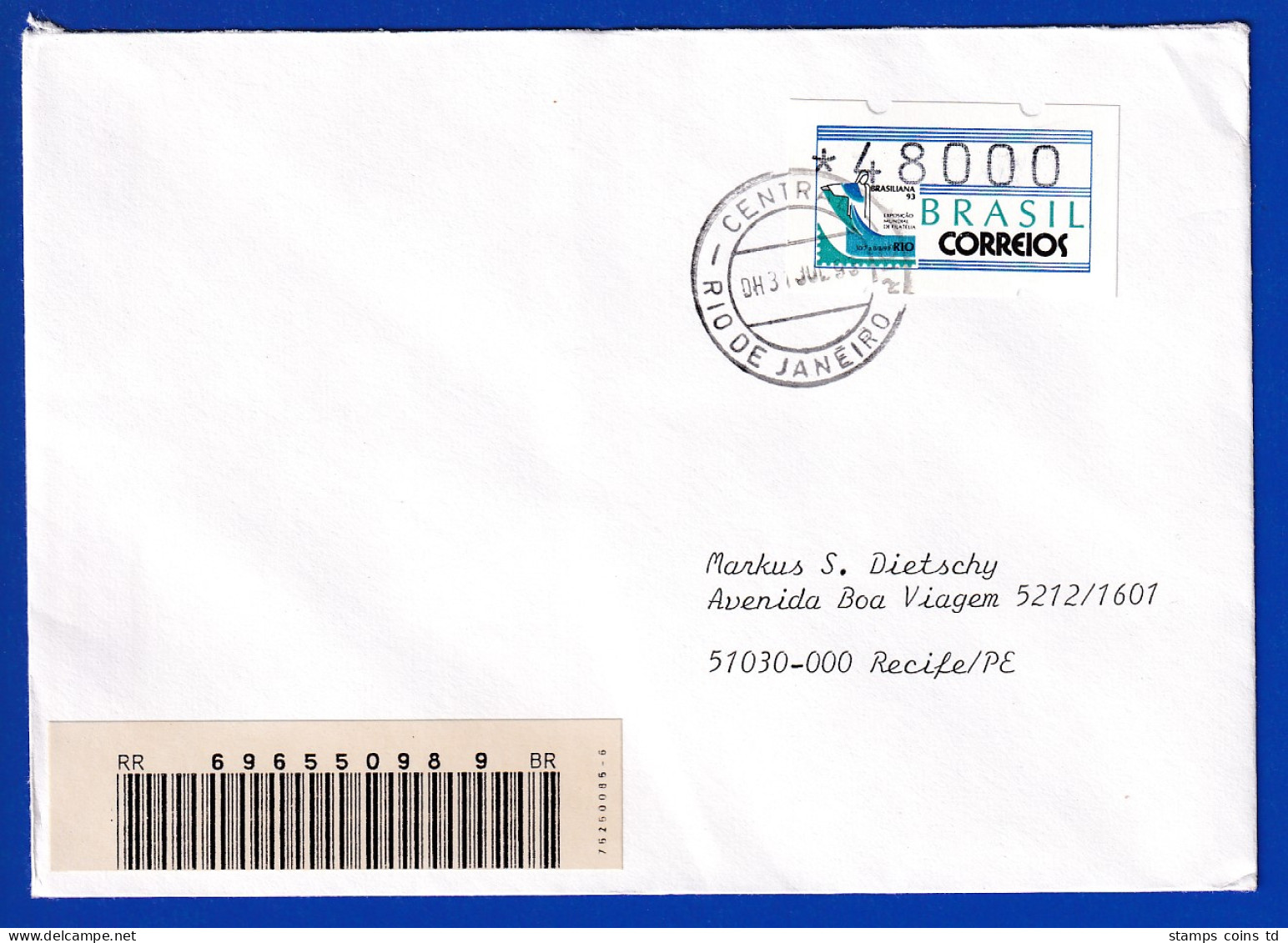 Brasilien ATM BRASILIANA'93  Wert 48000 Cr. Auf Inlands-R.-Brief Mit O 31.7.93 - Franking Labels