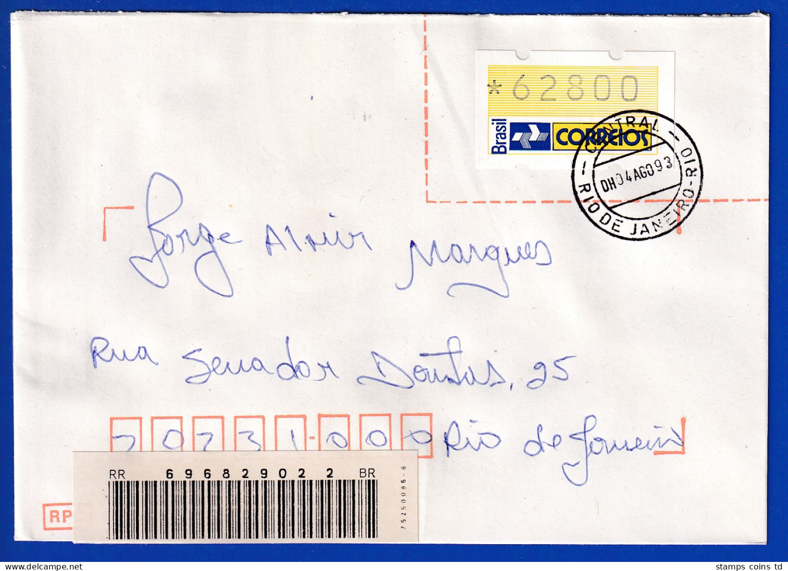 Brasilien 1993 ATM Postemblem Wert 62800 Auf R-Brief Nach Rio, 4. August 93 - Franking Labels