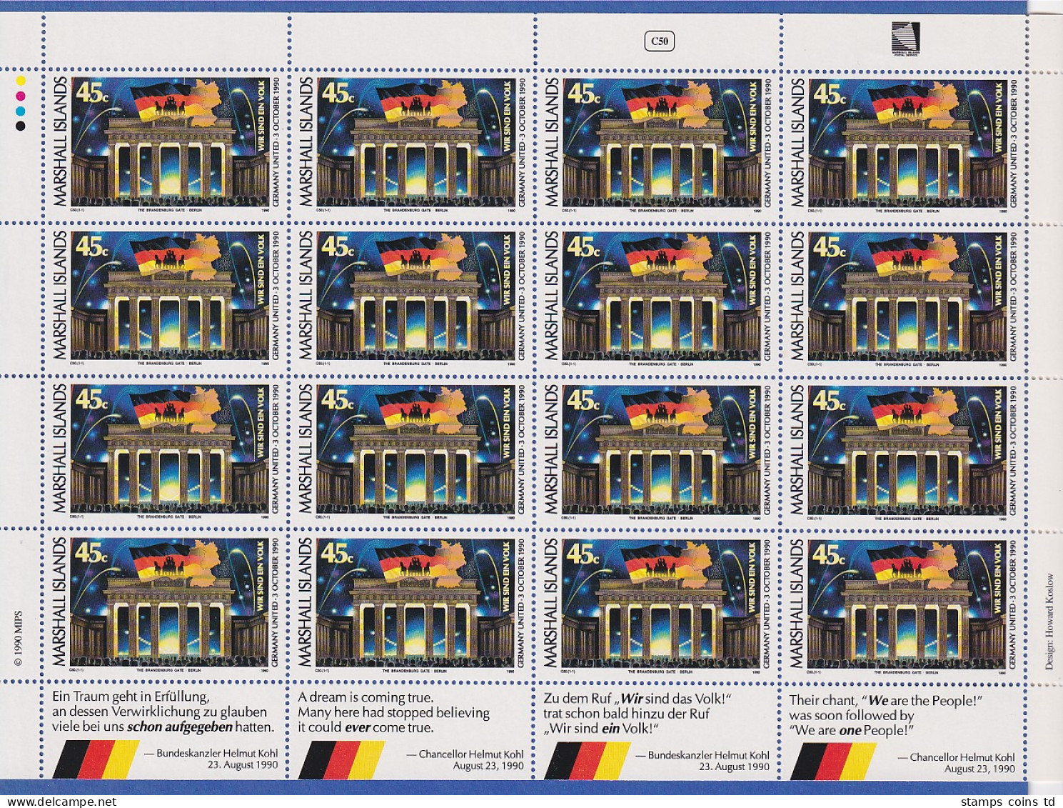 Marshall-Islands 1990 Deutsche Einheit Brandenburger Tor Mi.-Nr. 320 Bogen ** - Marshallinseln