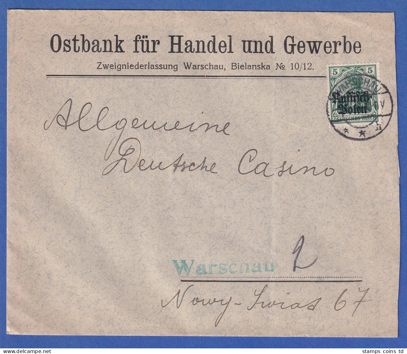 Dt. Bes.1.WK Polen Stadtpost Warschau Mi.-Nr. 10 Rücks. Auf Ortsbrief - Besetzungen 1914-18