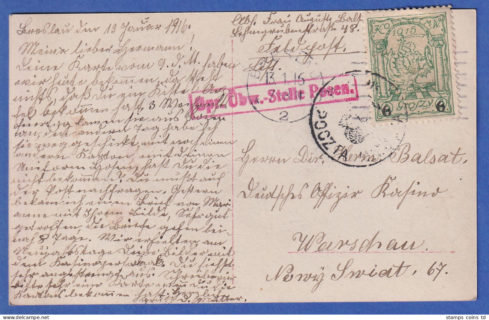 Dt. Bes.1.WK Polen Stadtpost Warschau Mi.-Nr. 8 Auf Zens. Postkarte - Ocupación 1914 – 18