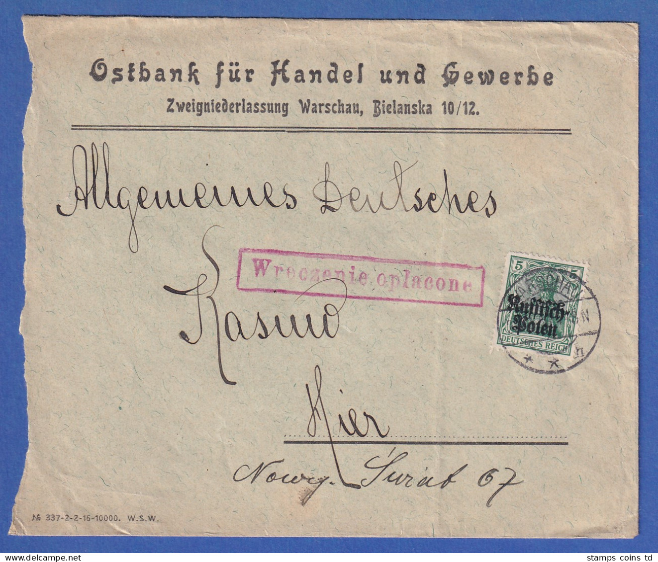 Dt. Bes.1.WK Polen Stadtpost Warschau Mi.-Nr. 8 Rücks. Auf Ortsbrief - Bezetting 1914-18