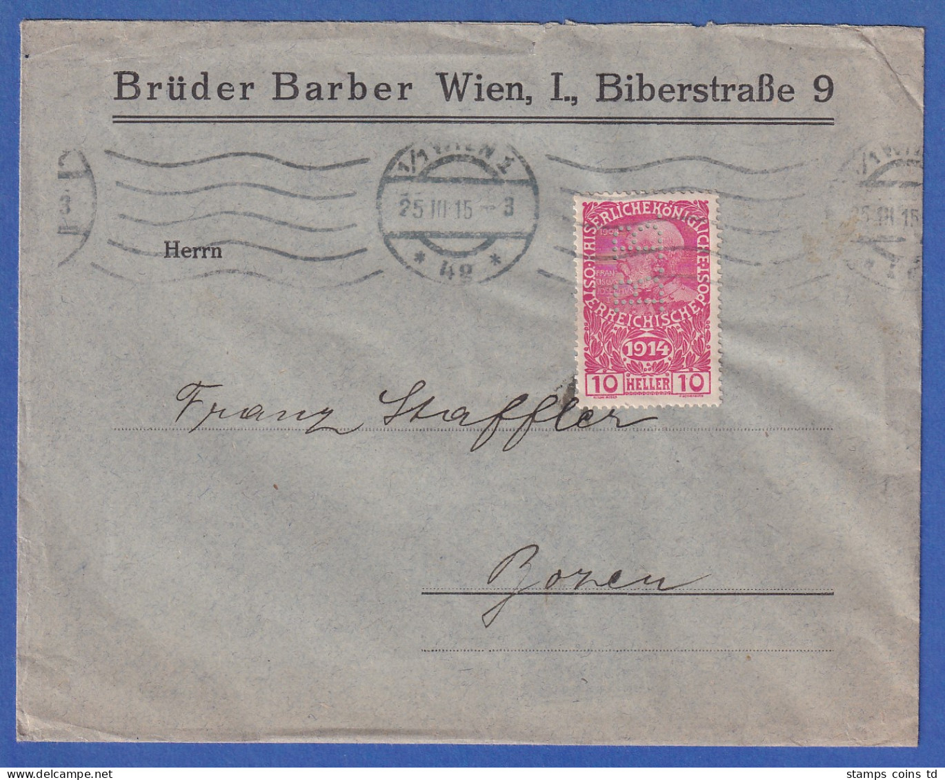 Österreich 1915 Mi.-Nr. 179 Auf Brief Von Wien Nach Bozen - Covers & Documents