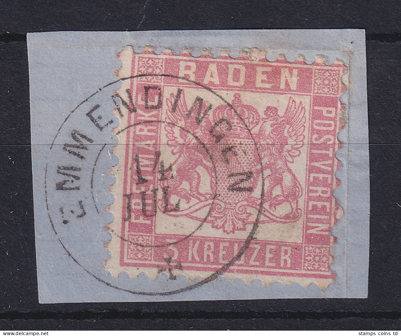 Baden 3 Kreuzer Hellrot  Mi.-Nr. 18  O EMMENDINGEN Auf Briefstück. - Used