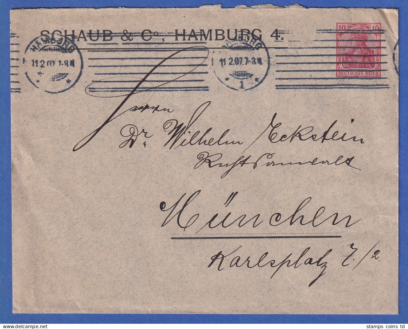 Hamburg, Fa. Schaub & Co. Privatumschlag 10PfgGermania # PU 27B 43/02 N. München - Autres & Non Classés